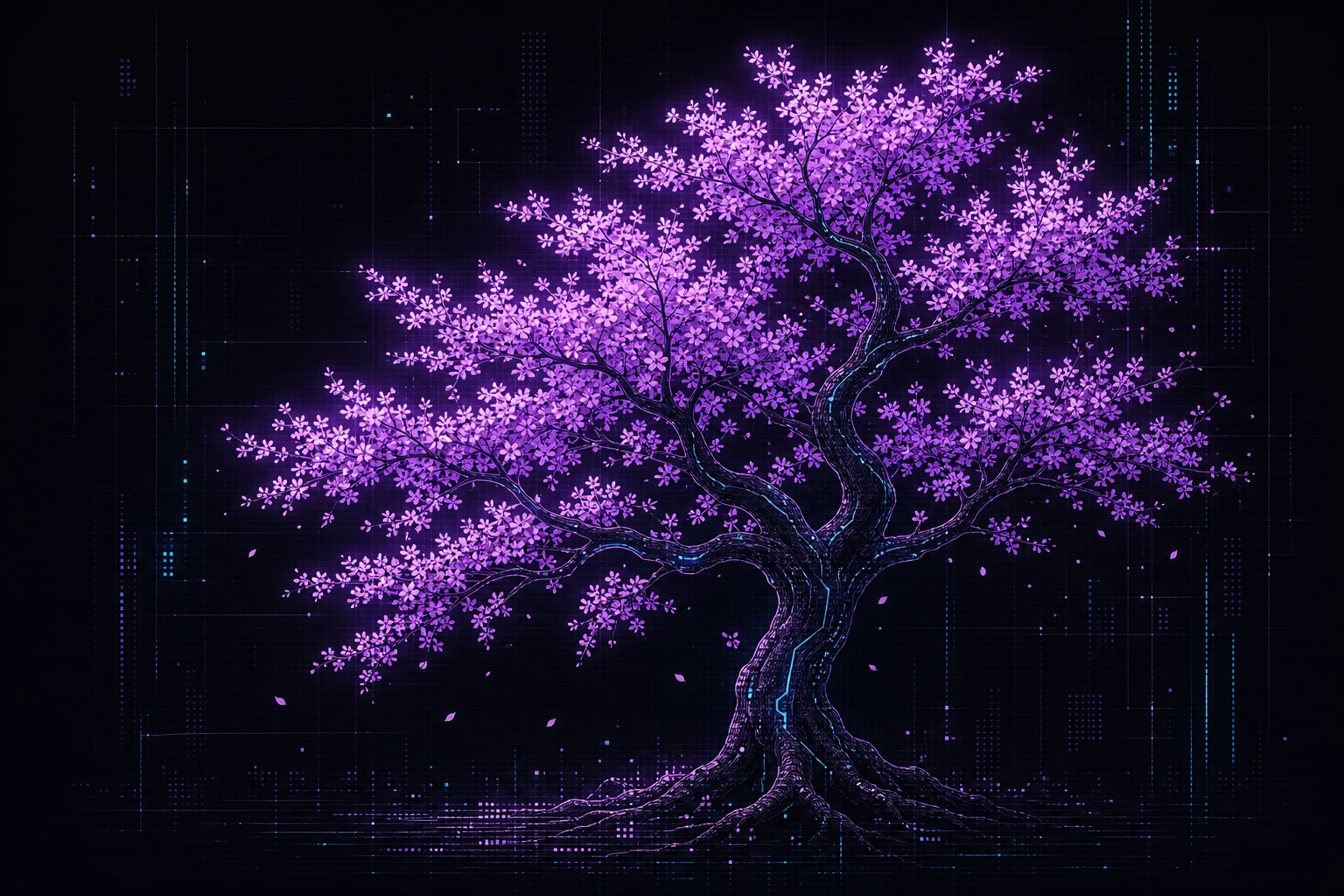 A digitized cherry blossom tree glowing violet against a dark gridded background